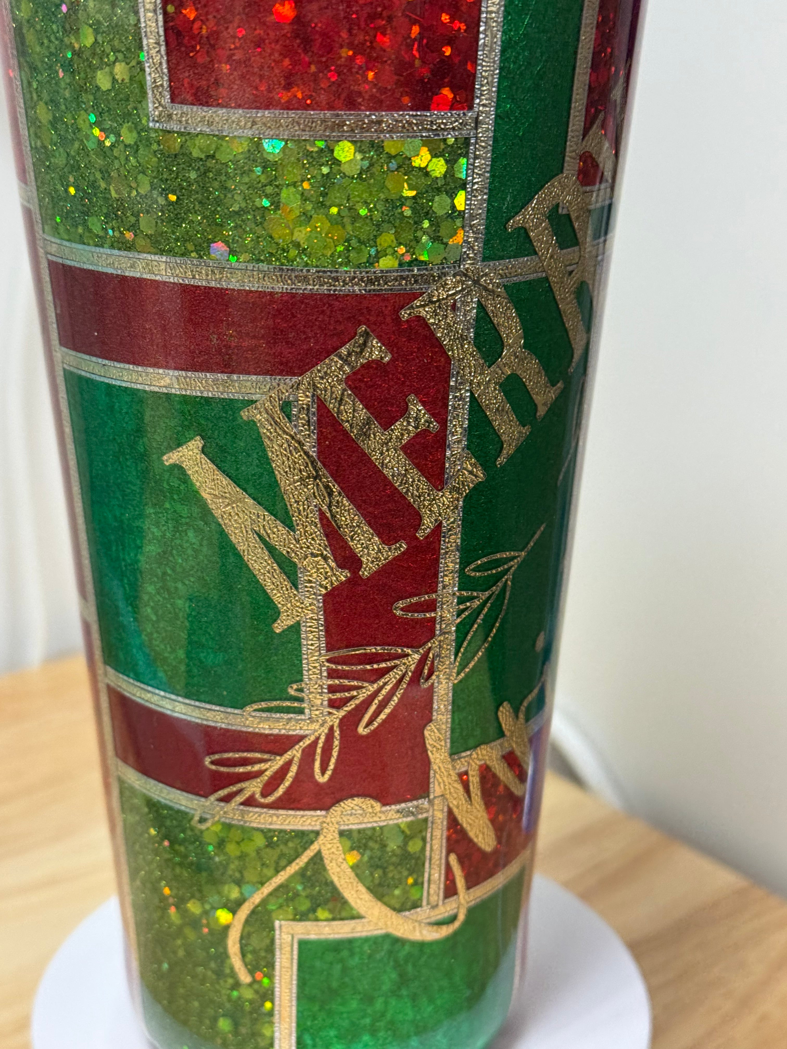 Merry Christmas Stained Glass Glitter Tumbler – 32 oz