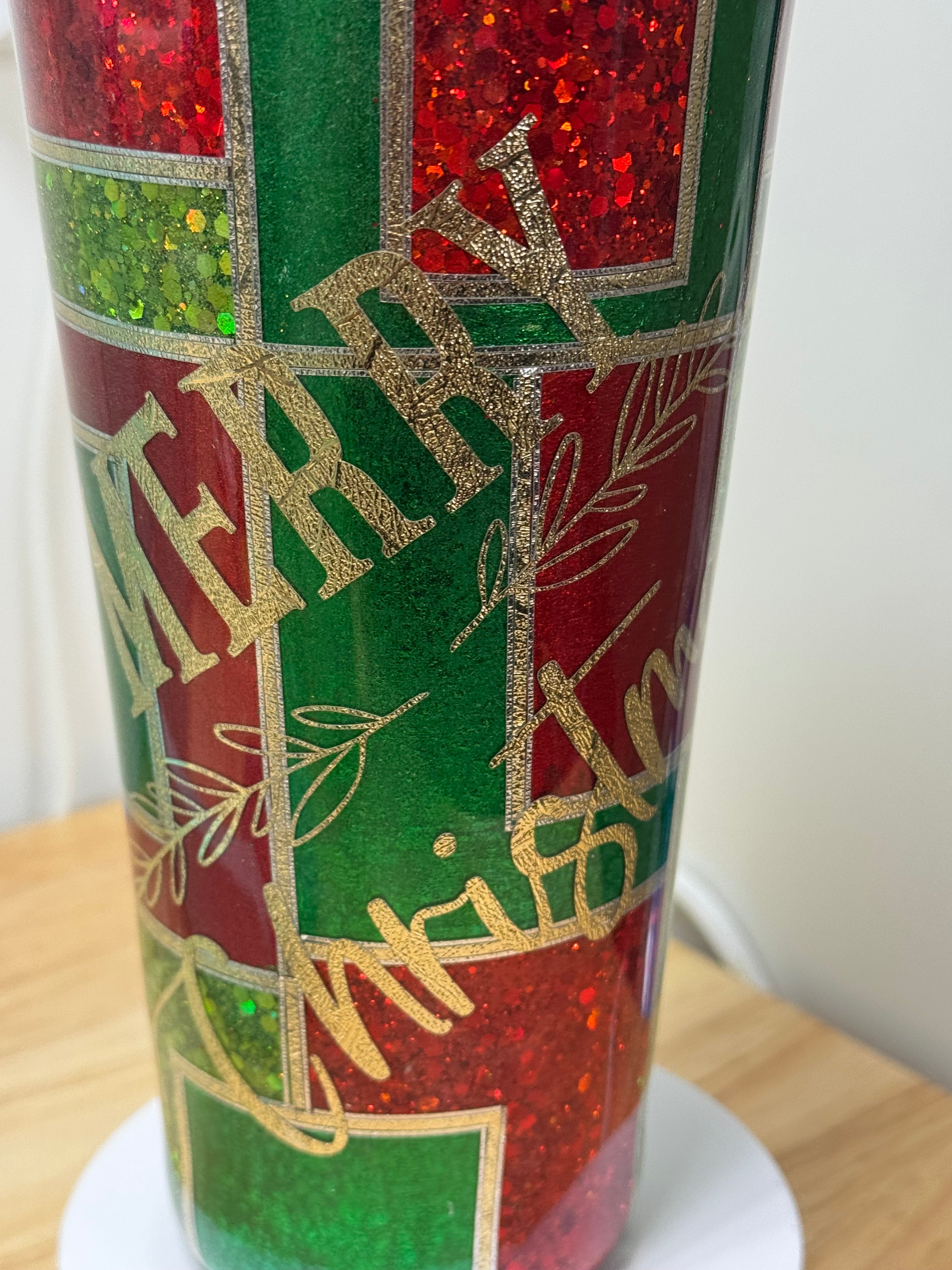 Merry Christmas Stained Glass Glitter Tumbler – 32 oz